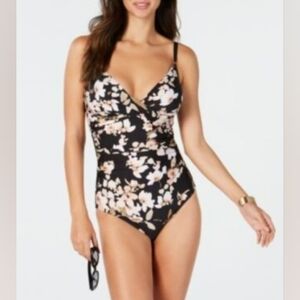 Calvin Klein Watercolor Floral Printed Twist-Front Tummy-Control One-Piece Sz 12